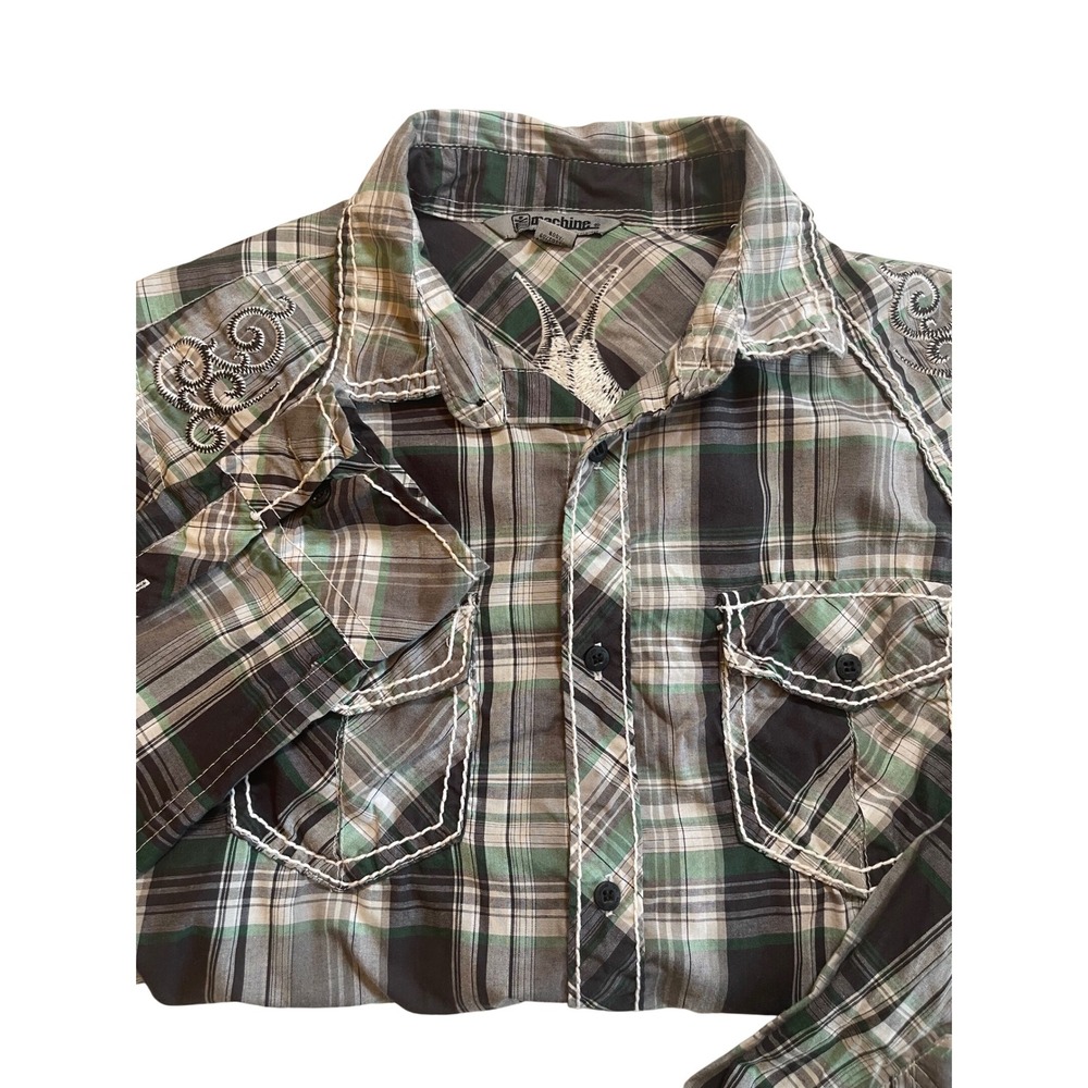 Machine Plaid Shirt Mens M Western Embroidered Long Sleeve Button Up Gray Green